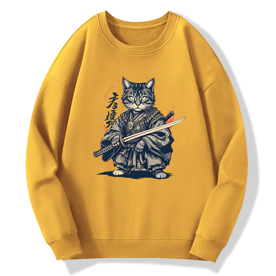 Samurai Cat Retro Ukiyo-e Painting Cotton Pullover Sweatshirt