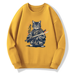 Samurai Cat Retro Ukiyo-e Painting Cotton Pullover Sweatshirt