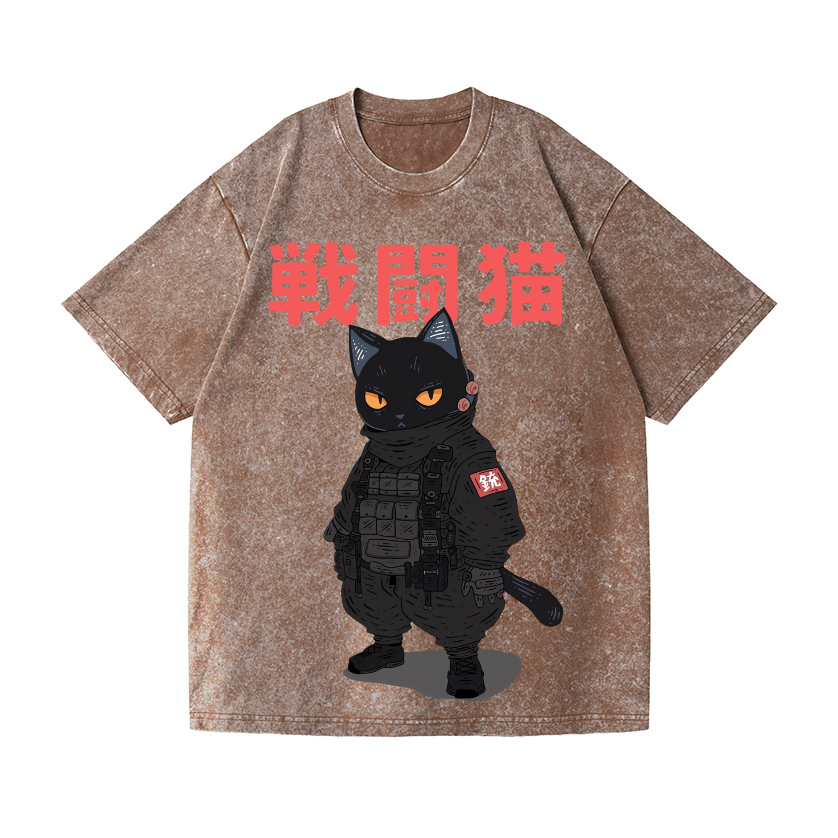 Battle Black Cat Vintage Wash Japanese Design T-Shirt
