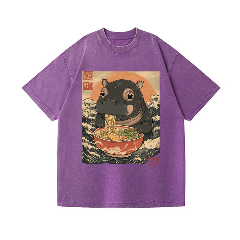 Ramen Hippo Ukiyoe Wave Vintage Wash Japanese Design T-Shirt