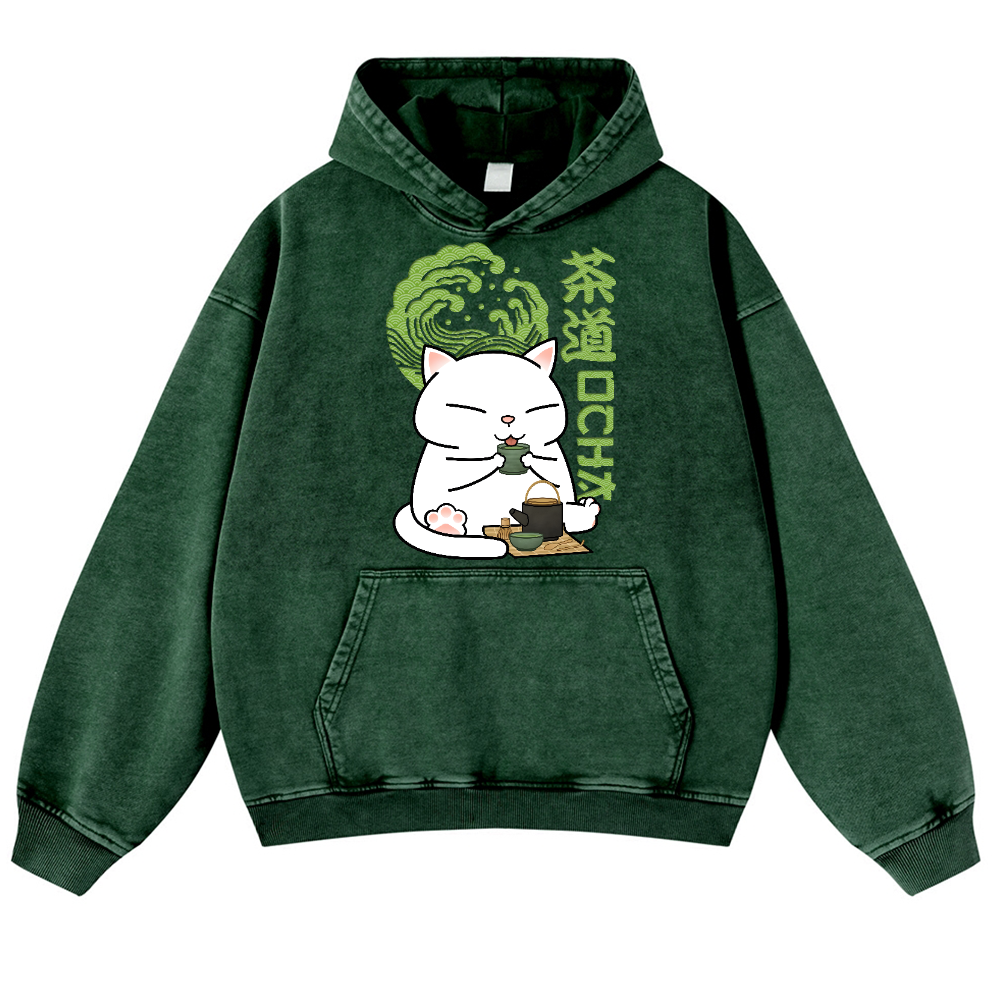 Tea Cat Vintage Washed Thick Cotton Hoodie