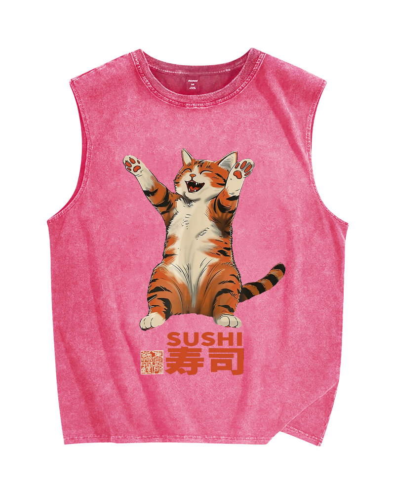 Cat Sushi Vintage Distressed Washed Tank Top