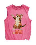 Cat Sushi Vintage Distressed Washed Tank Top