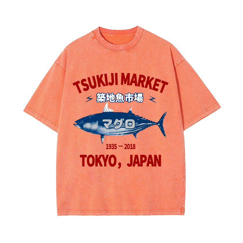 Tsukiji Market Tuna Fish Tokyo Japan Vintage Wash Japanese Design T-Shirt