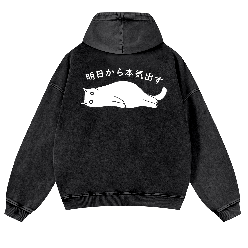 Cat Vintage Washed Cotton Back Art Hoodie