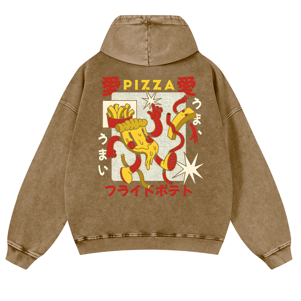 Japanese Pizza and French Fries Vintage Washed Cotton Back Art Hoodie