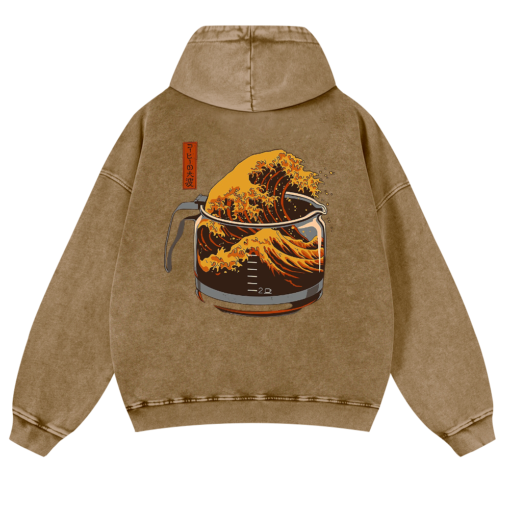 Coffee Wave Ukiyoe Vintage Washed Cotton Back Art Hoodie
