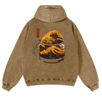 Coffee Wave Ukiyoe Vintage Washed Cotton Back Art Hoodie