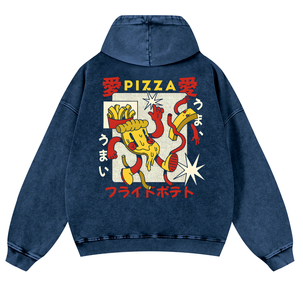 Japanese Pizza and French Fries Vintage Washed Cotton Back Art Hoodie