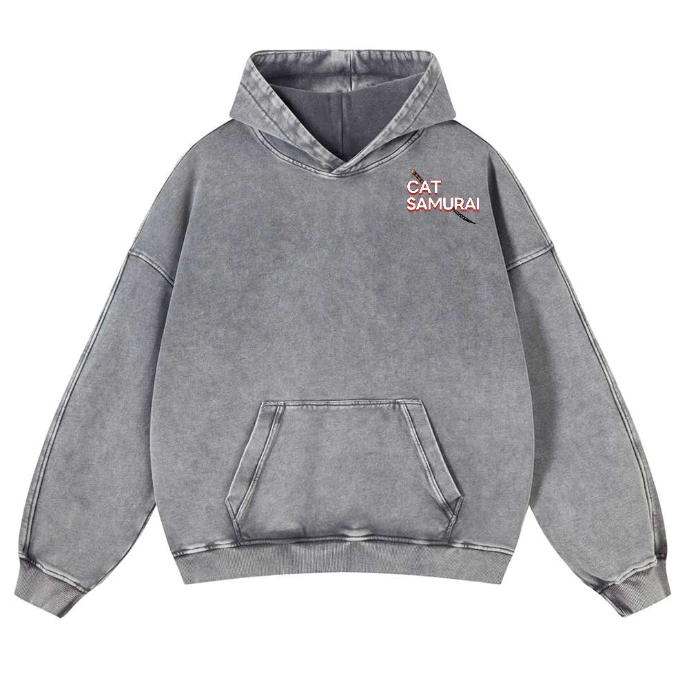 Cat Samurai Vintage Washed Cotton Back Art Hoodie