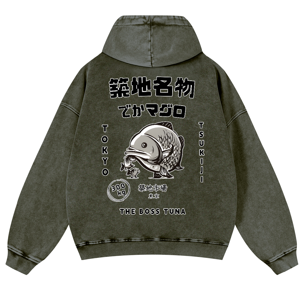 Tsukiji Market Tuna Fish Tokyo Vintage Washed Cotton Back Art Hoodie