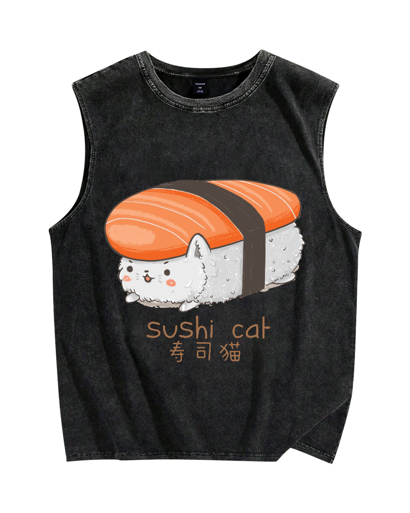 Sushi Cat Vintage Distressed Washed Tank Top