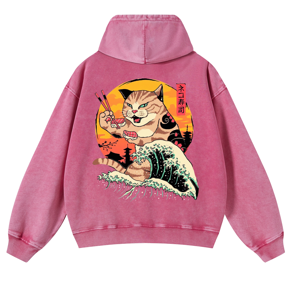 Ukiyoe Cat Vintage Washed Cotton Back Art Hoodie