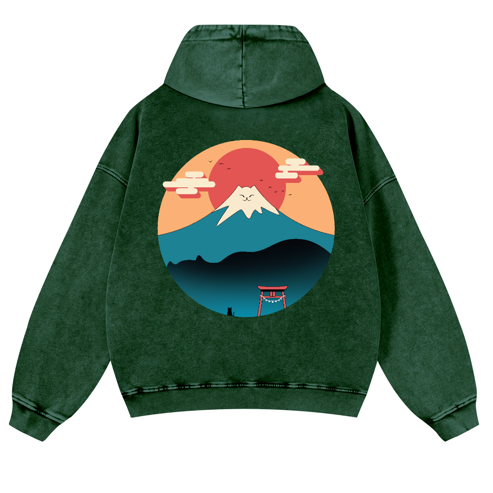 Cat Mount Fuji Vintage Washed Cotton Back Art Hoodie