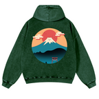 Cat Mount Fuji Vintage Washed Cotton Back Art Hoodie