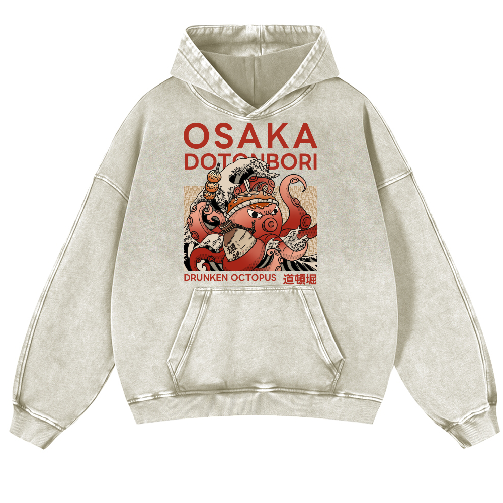 Osaka Dotonbori Drunken Octopus Vintage Washed Thick Cotton Hoodie