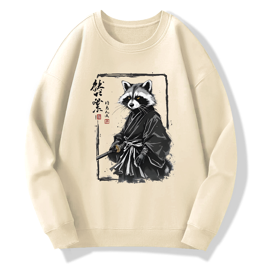 Japanese Raccoon Warrior Art Cotton Pullover Sweatshirt