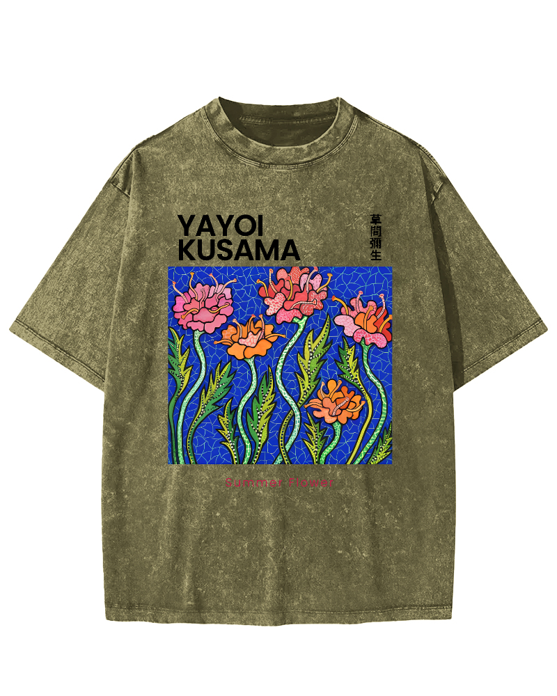 Summer Flower Art Japanese Style Vintage Washed T-shirt