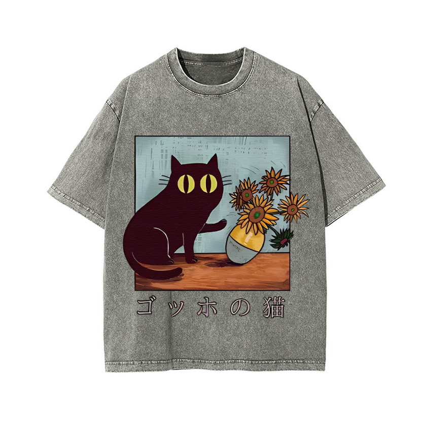 Cat Vincent Van Gogh Vintage Wash Japanese Design T-Shirt