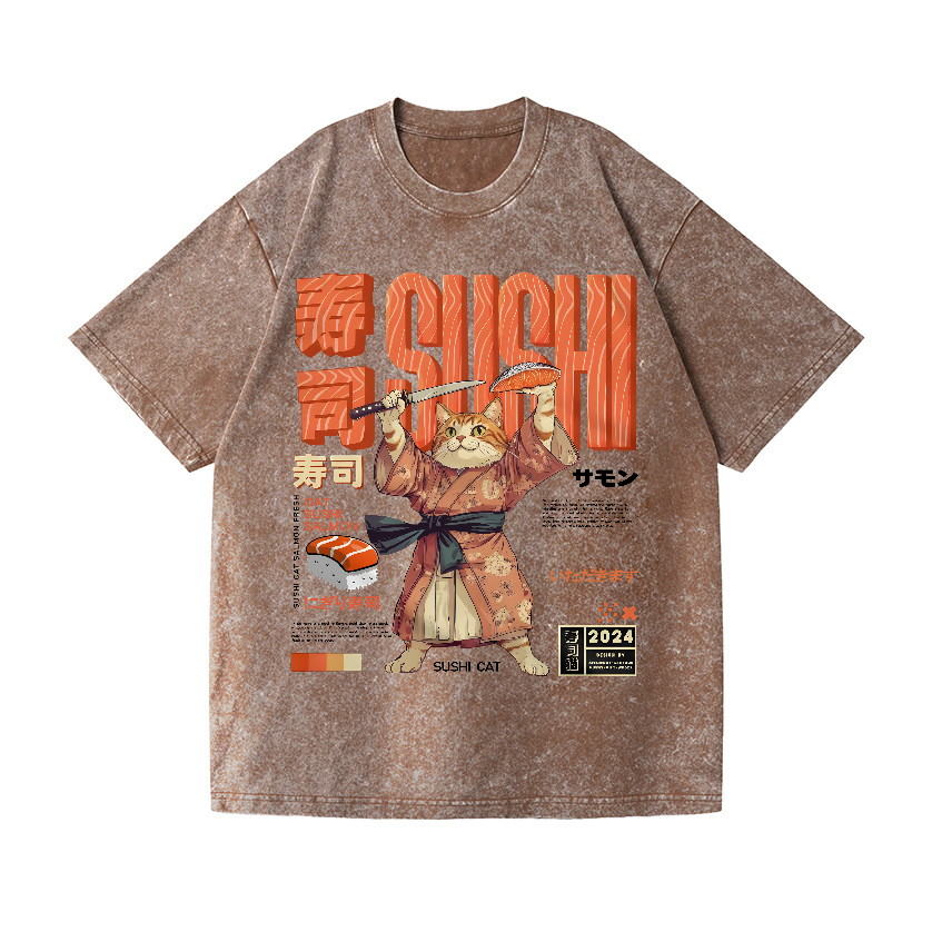 Sushi Cat Salmon Vintage Wash Japanese Design T-Shirt