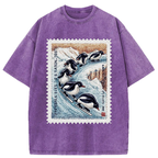 Unisex Gliding Penguin Stamp Washed T-Shirt