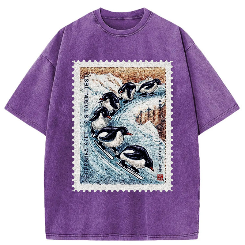 Unisex Gliding Penguin Stamp Washed T-Shirt