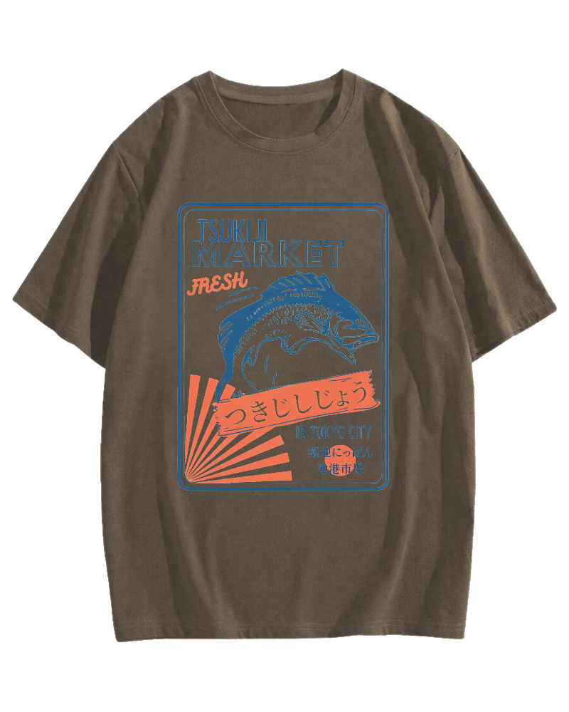Tsukiji Seafood Market in Japan Cotton casual T-shirt