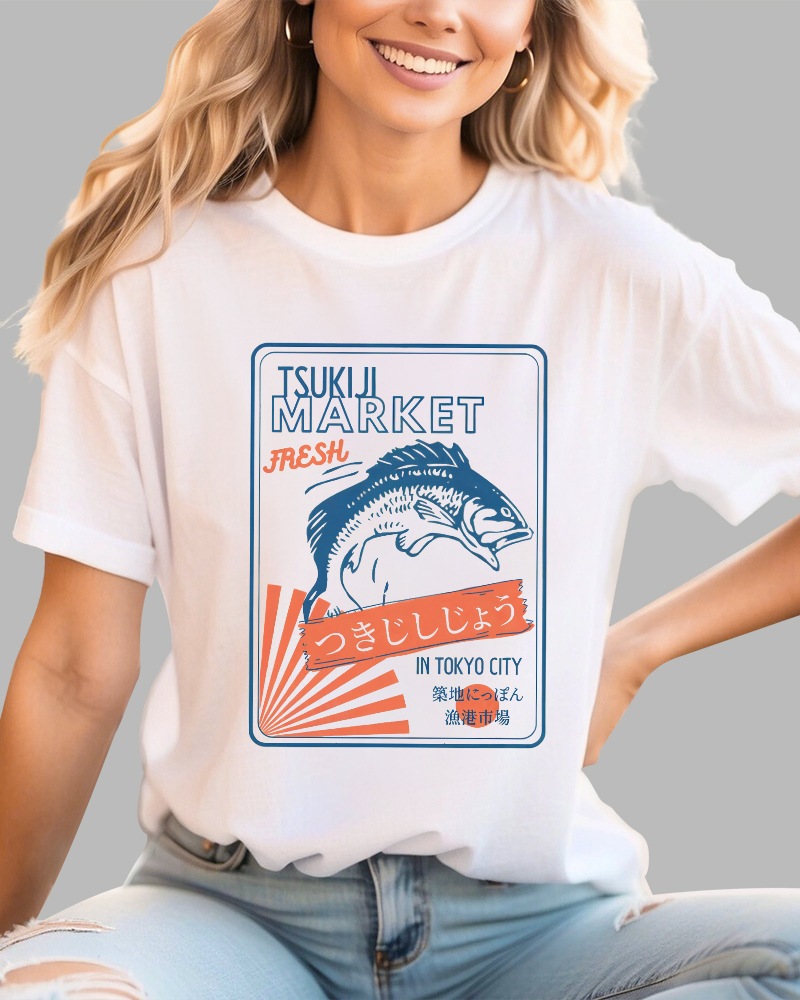 Tsukiji Seafood Market in Japan Cotton casual T-shirt