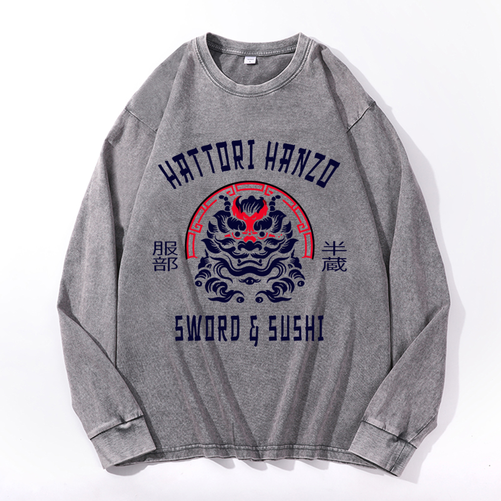 Unisex Hattori Hanzo Komainu Vintage Cotton Wash Crewneck Long-Sleeve T-Shirt