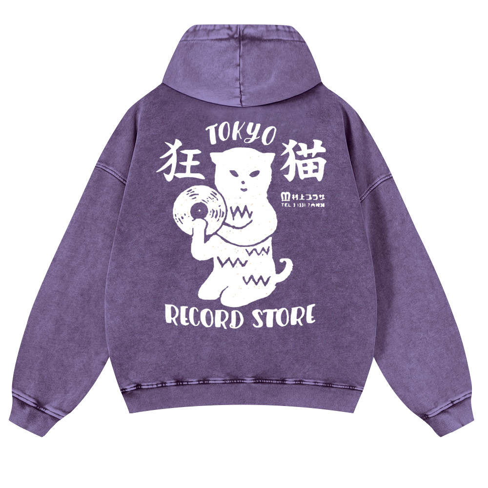 Tokyo Cat Vintage Washed Cotton Back Art Hoodie
