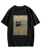 Wave Japanese Cat Art Cotton Casual T-shirt