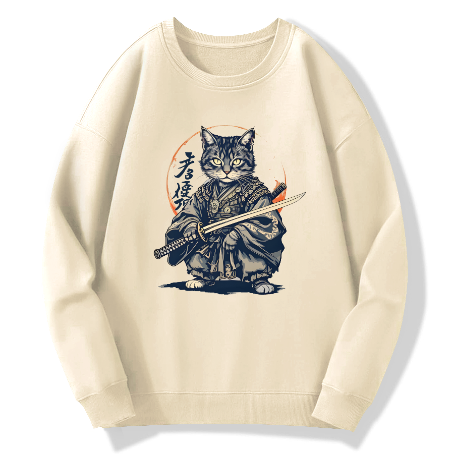 Samurai Cat Retro Ukiyo-e Painting Cotton Pullover Sweatshirt