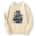 Samurai Cat Retro Ukiyo-e Painting Cotton Pullover Sweatshirt