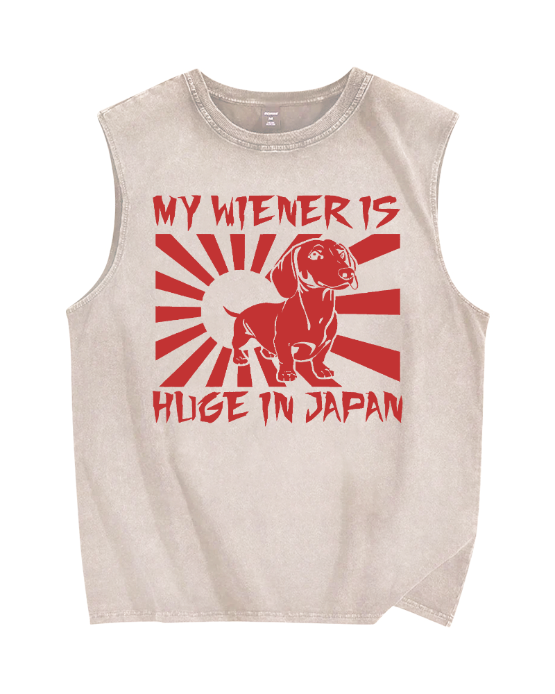 Unisex My Weiner is Huge in Japan Funny Meme Printed Washed Tank Top