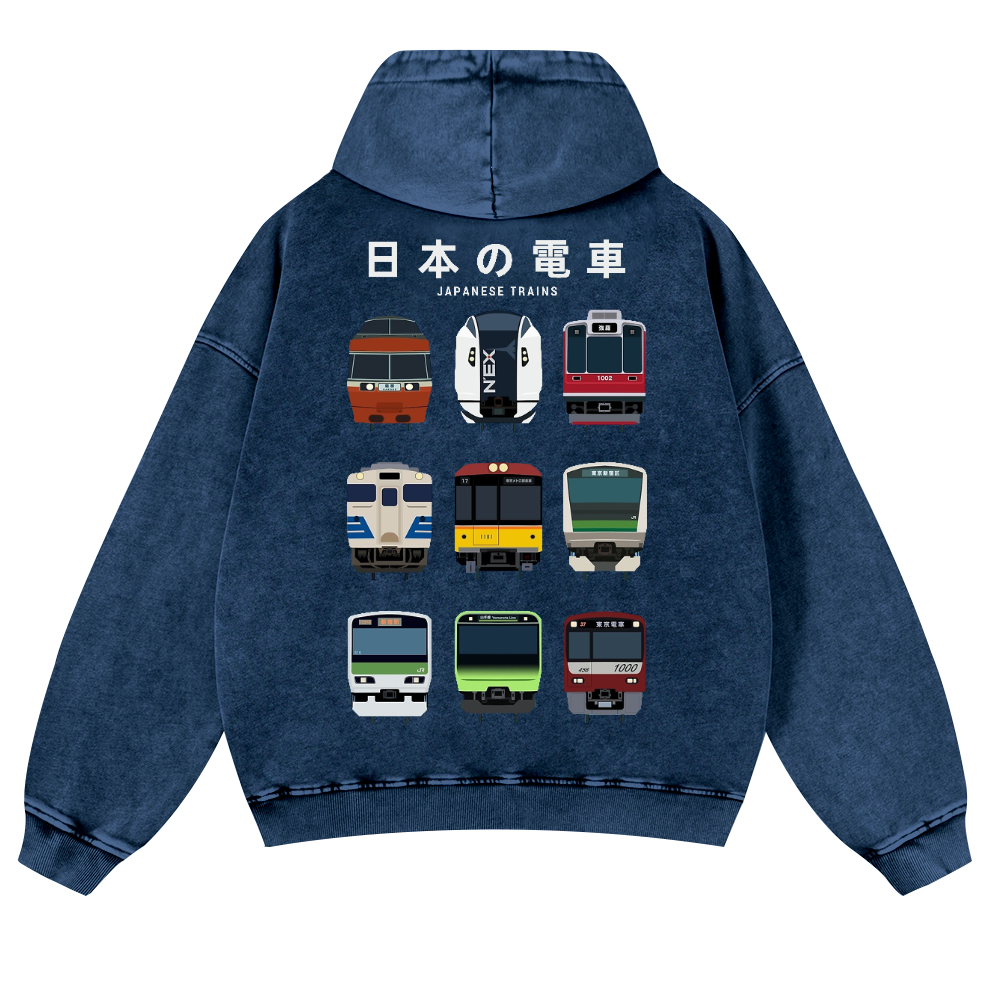 Japanese Trains Vintage Washed Cotton Back Art Hoodie