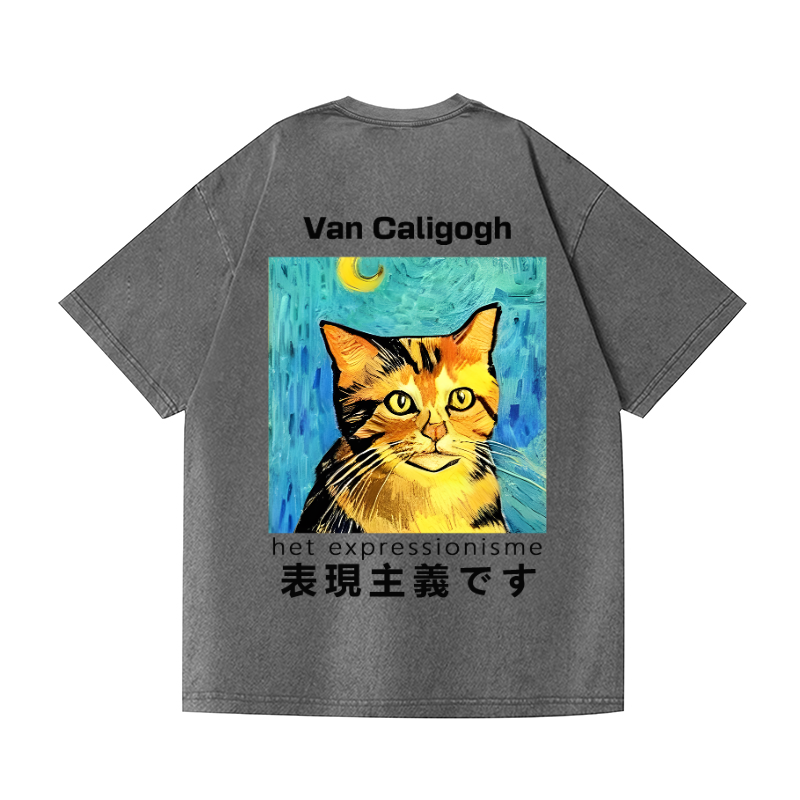 Cat Van Caligogh Vintage Wash Japanese Design Back Art T-Shirt